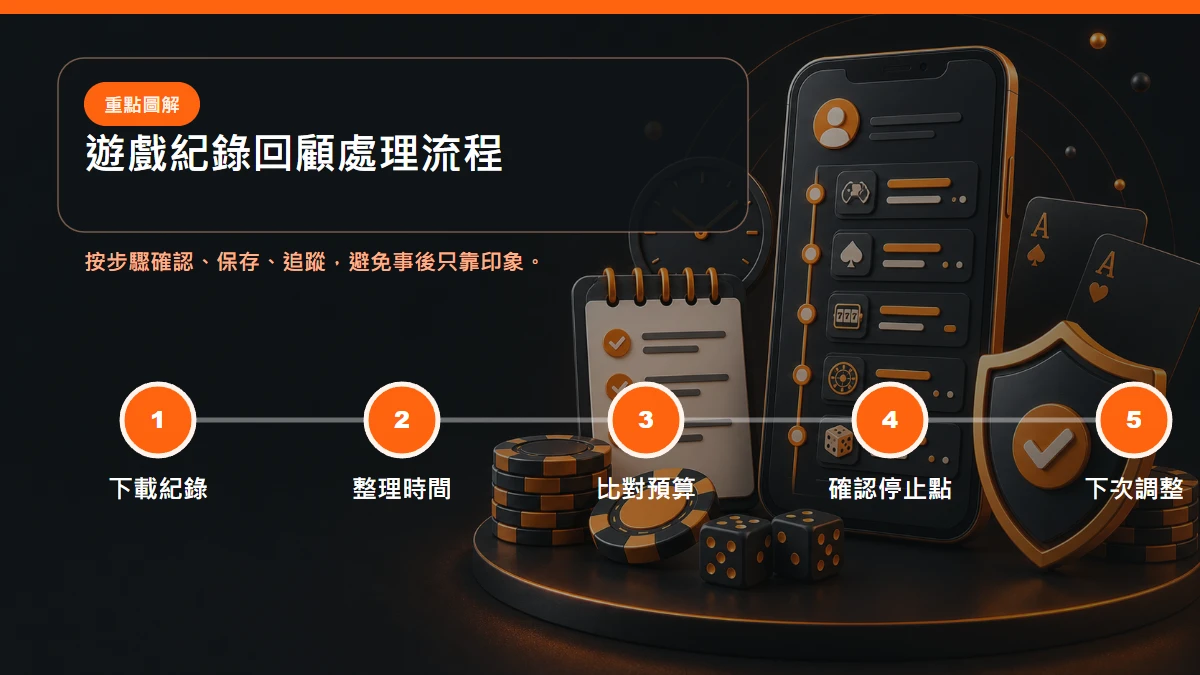遊戲紀錄回顧 處理流程,包含下載紀錄、整理時間、比對預算、確認停止點、下次調整