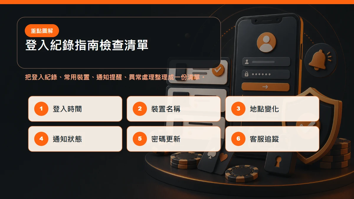 登入紀錄指南檢查清單,包含登入紀錄、常用裝置、通知提醒、異常處理