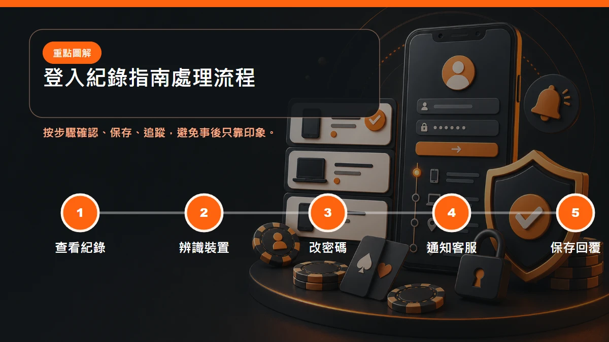 登入紀錄指南處理流程,從查看紀錄到辨識裝置到改密碼到通知客服到保存回覆