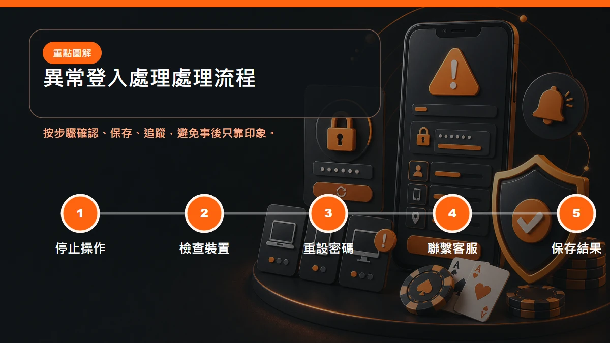 異常登入處理 處理流程,包含停止操作、檢查裝置、重設密碼、聯繫客服、保存結果