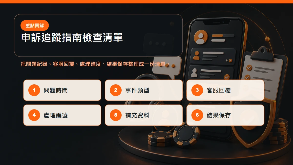 申訴追蹤指南 檢查清單,包含問題紀錄、客服回覆、處理進度、結果保存