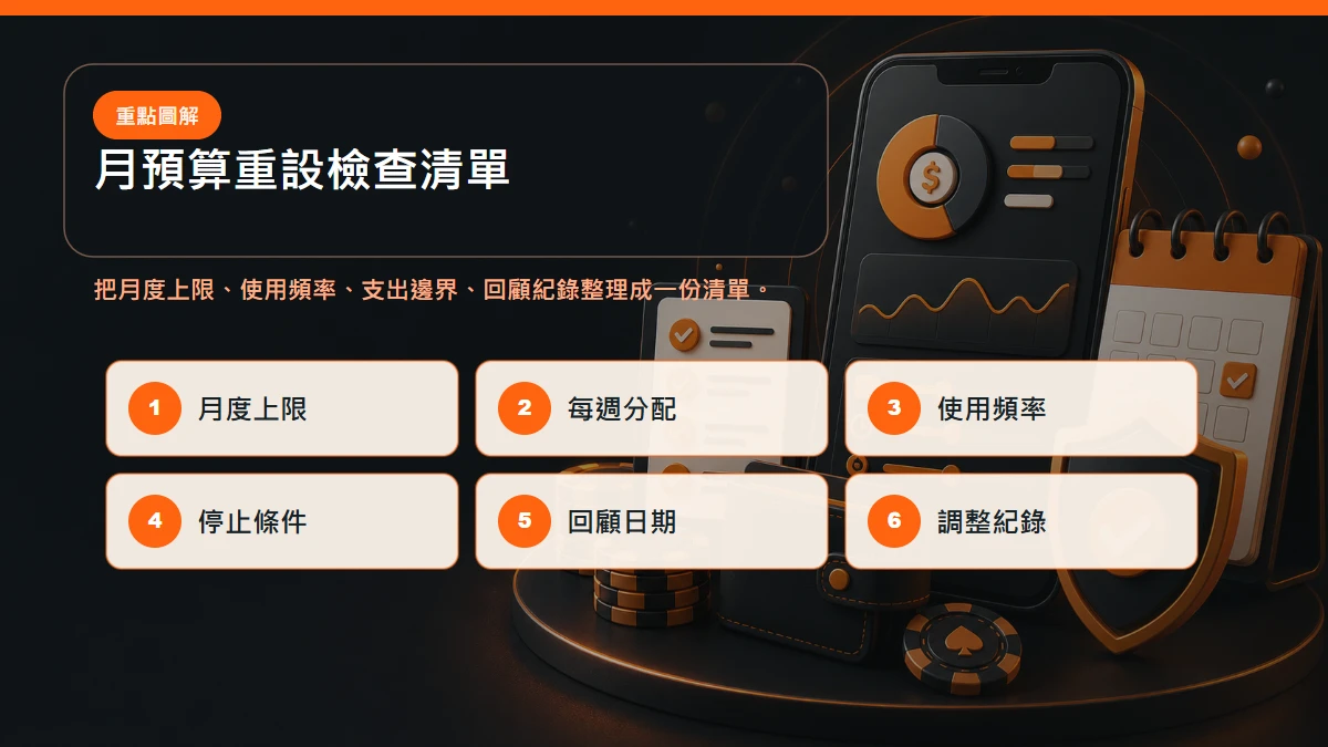 月預算重設 檢查清單,包含月度上限、使用頻率、支出邊界、回顧紀錄