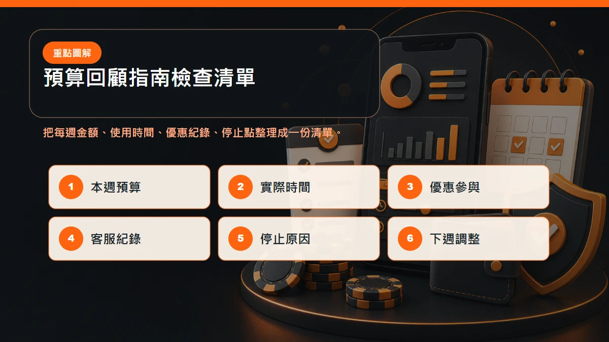 預算回顧指南檢查清單,包含每週金額、使用時間、優惠紀錄、停止點