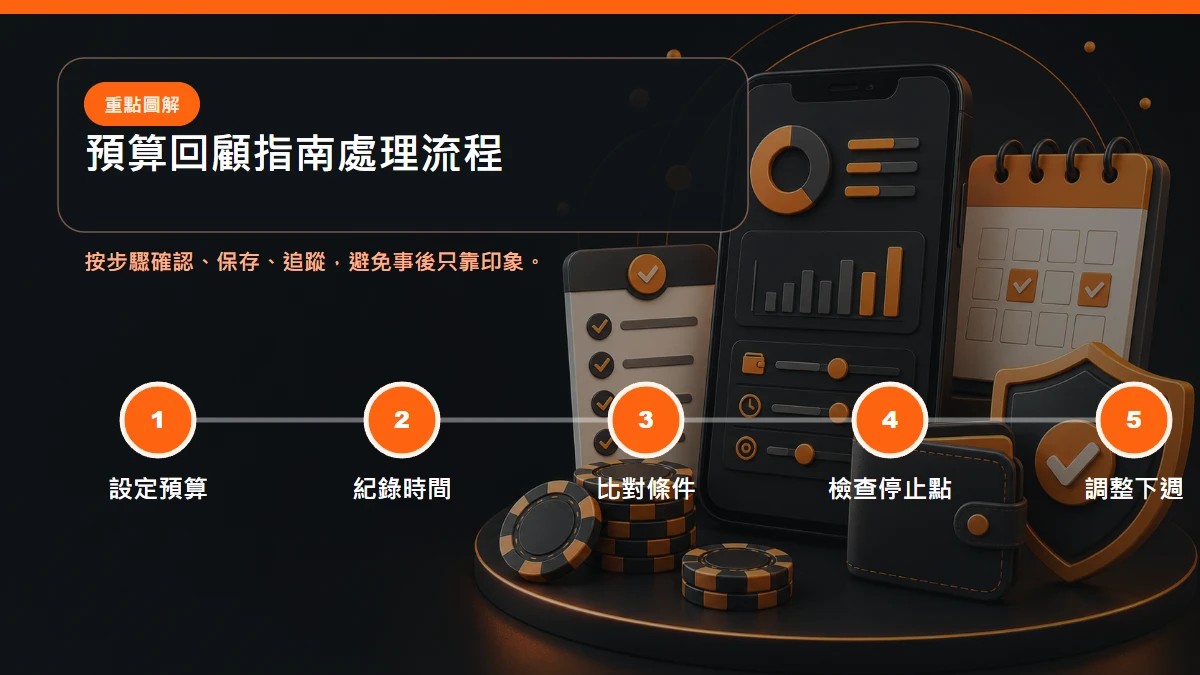 預算回顧指南處理流程,從設定預算到紀錄時間到比對條件到檢查停止點到調整下週