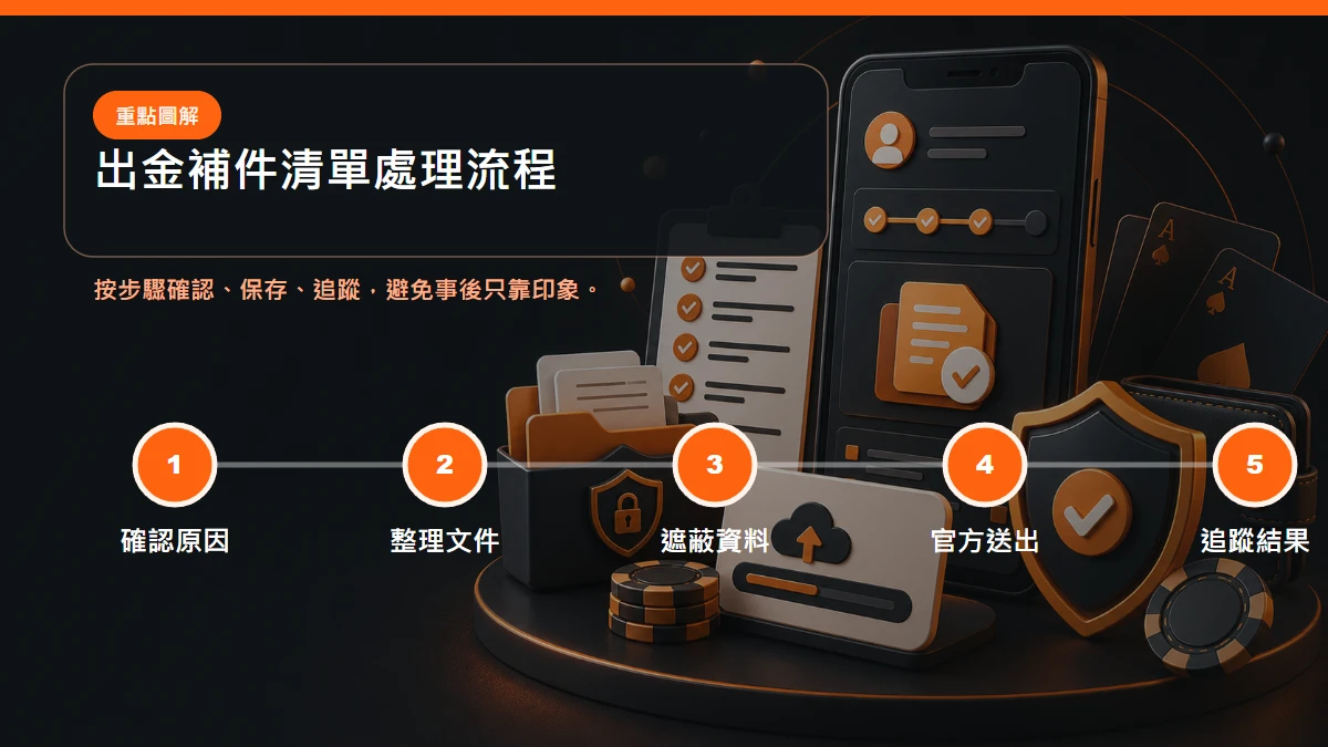 出金補件清單 處理流程,包含確認原因、整理文件、遮蔽資料、官方送出、追蹤結果