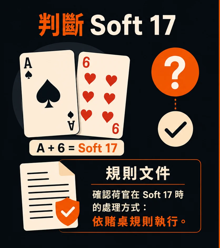 21 點莊家 Soft 17 規則怎麼看?不同桌檯的補牌與停牌說明的閱讀順序示意