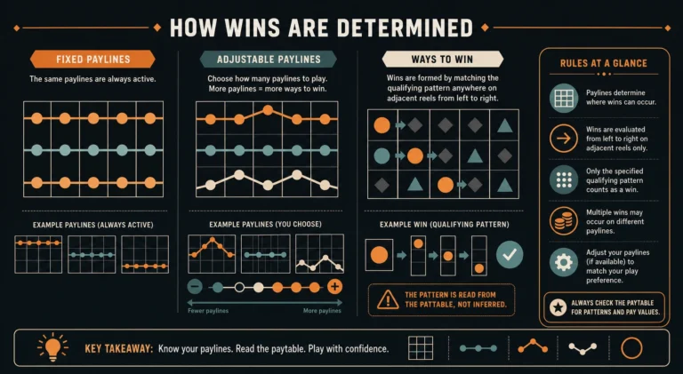 老虎機連線閱讀圖,對照固定線、可調線與 Ways to Win 的賠付表位置